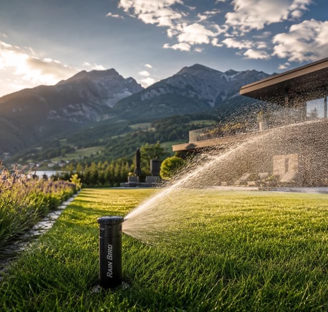 Rain Bird Bewässerungssystem vor einem modernen Alpenhaus